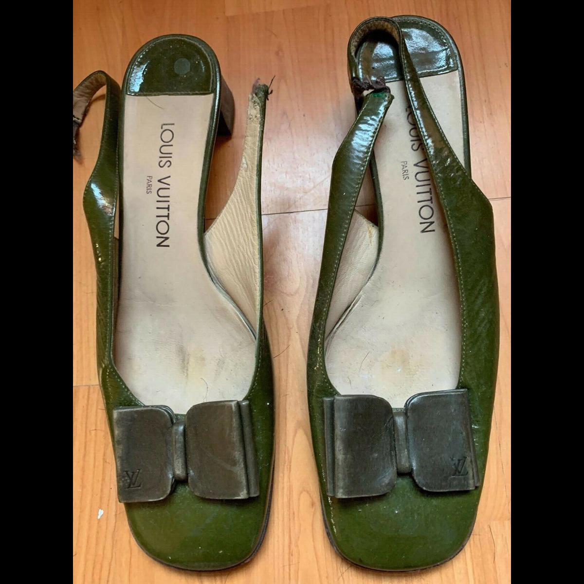 Louis Vuitton Vintage Olive Green/ Square Toe/Slingback Kitten Heel 39.5